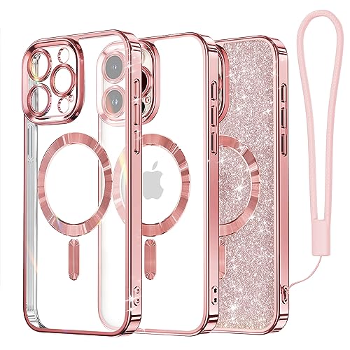Meifigno Candy Mag Series Case Designed for iPhone 15 Pro, [Compatible with MagSafe] [Glitter Card & Wrist Strap] Full Camera Lens Protection for iPhone 15 Pro Case Women Girls, Rose Gold