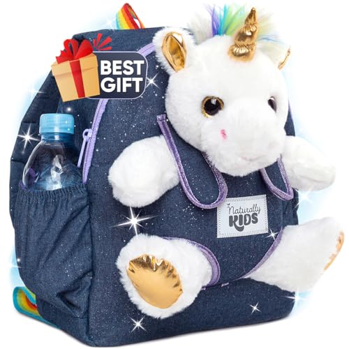 Naturally KIDS Toddler Backpack w Stuffed Animal Toy, Toddler Gifts for Boys Girls, Medium Backpack, Unicorn Toys White