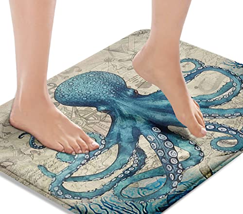 Britimes Blue Bath Mat for Bathroom, Bathroom Mats Rugs No Silp, Sea Theme Octopus Washable Cover Floor Rug Carpets Floor Mat Bathroom Decorations 16x24 Inches for Kitchen Bedroom Indoor