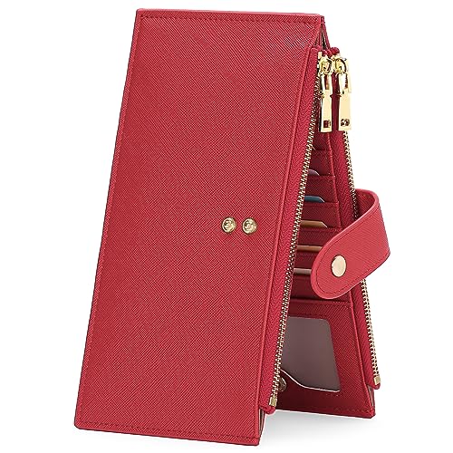 GOIACII Womens Walllet RFID Blocking Bifold Credit Card Holder with 2 Zipper Pockets Red