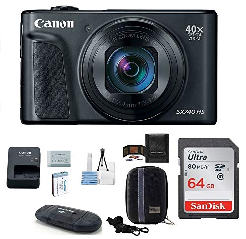 Canon PowerShot SX740 HS Digital Camera Bundle (64GB + Spare Battery Bundle, Black)