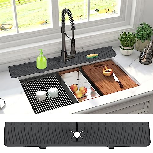 Derlights 30 inch Sink Splash Guard Mat,Silicone Faucet Handle Drip Catcher Tray, Longer Silicone Sink Mat for KitchenBathroom, Drip Protector Splash Countertop (black)