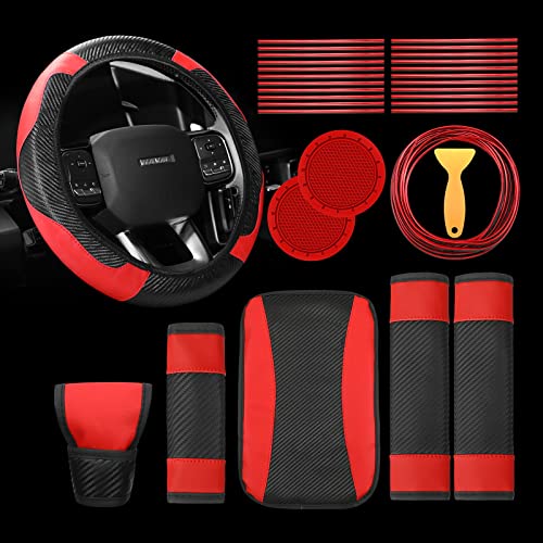 30 Pcs Car Accessories Set PU Leather Steering Wheel Cover Anti Slip Steering Wheel Protector Car Vent Trim Strips Air Conditioner Insert Strips with Installation Tool for Most SUV (Red, Black)