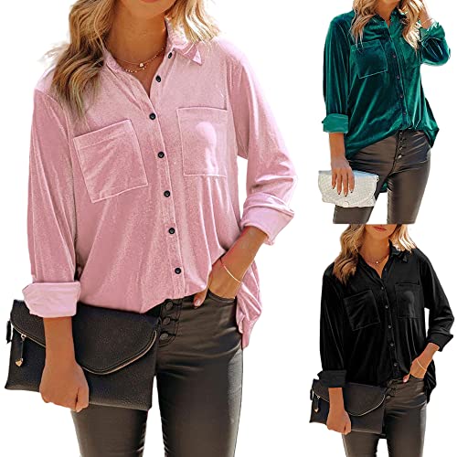 Womens Velvet Solid Color Hi-Low Button-Down Pocket Long Sleeve Shirt Plain Velour Pleuche Dipped Hem Business Casual Top Loose Blouse A Pink 2XL