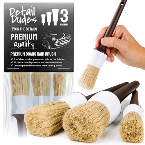 Detail Dudes Car Detailing Brush Ultra Soft Boars Hair Set of 3- Automotive Detail Brushes- Washing & Cleaning for Wheels, Interior Upholstery, Emblem, Air Vent- Vehicles & Auto Interior Detailing Kit