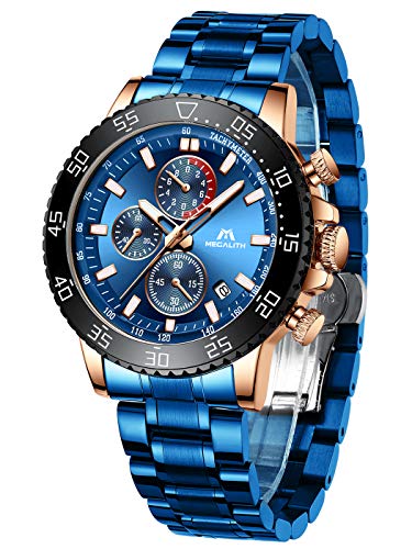 MEGALITH Mens Watches with Stainless Steel Waterproof Analog Quartz Fashion Business Blue Chronograph Watch for Men, Auto Date