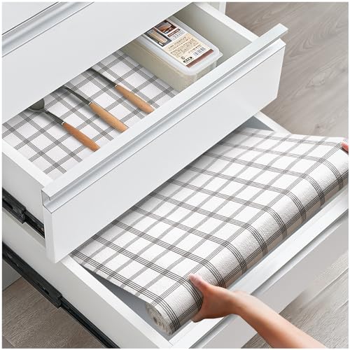 ALIUNI Drawer and Shelf Liner, Non-Slip Kitchen Cabinet Liners Non-Adhesive Thick Strong Grip Waterproof Washable Mats Protect Dresser Shelves Cupboard Bathroom Cabinets, White Stripes, 12 in X 10 FT