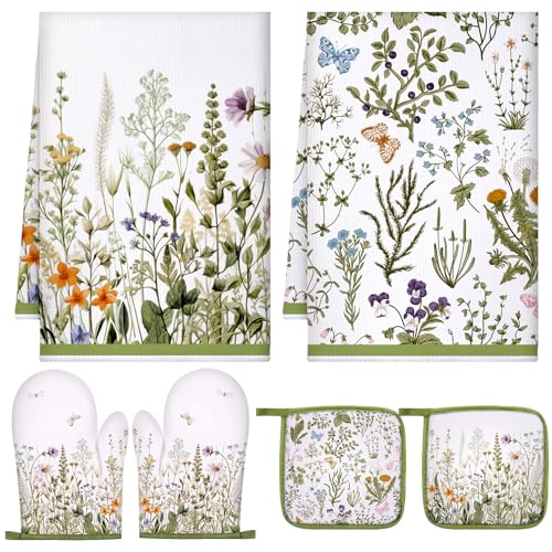 Leinuosen 6 Floral Plant Oven Mitts and Pot Holders Sets Farmhouse Kitchen Towels Absorbent Dish Towels for Cooking Baking Grilling(Spring Flower)