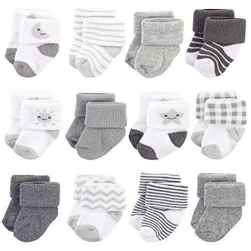 Hudson Baby Unisex Cotton Rich Newborn and Terry Socks, Moon, 0-3 Months