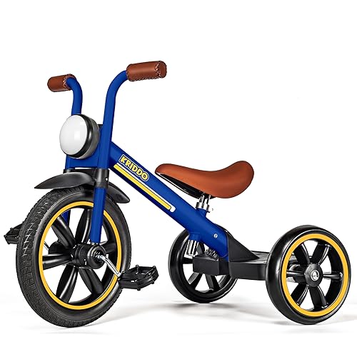 KRIDDO Kids 12 Inch Tricycle With Puncture Free Wheels, Front Light, Adjustable Seat - Gift for 2-5 Year Olds, Blue