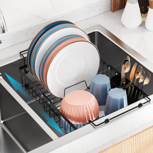 iSPECLE Sink Dish Drying Rack - 3 Sizes Capacity Expandable Over Sink Dish Rack, in Sink Dish Drainer for Kitchen Counter with Utensil Holder Large Capacity, Fit 14'-17.5' Sink, Black