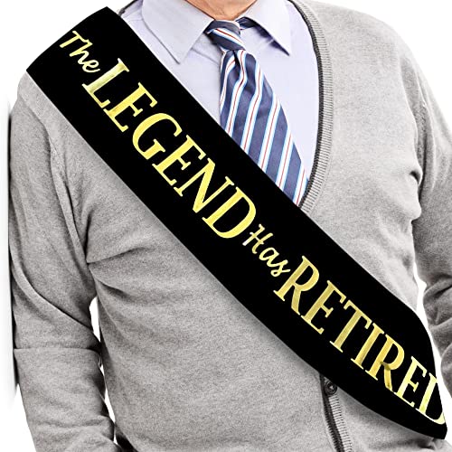 JPACO The Legend Has Retired Sash – Elegant Black and Gold Foil Legendary Sash for Both Women and Men & a Large Gold Safety Pin. Perfect for Retirement Parties