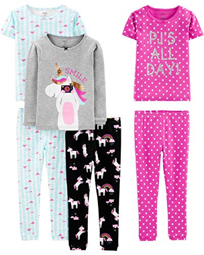 Simple Joys by Carter's Girls' 6-Piece Snug Fit Cotton Pajama Set, Black Unicorn/Blue Tortoise/Grey Heather/Pink Polka Dot, 8