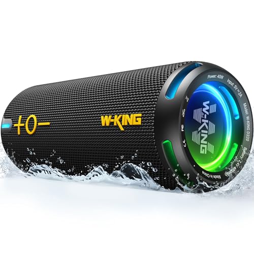 W-KING Bluetooth Speaker, IPX7 Waterproof Portable Speaker Bluetooth Wireless Loud with Dual Voice Coil, Customized EQ APP/Deep Bass, 40W 360° Sound Outdoor Shower Speaker, Party Lights/V5.3/TF/AUX