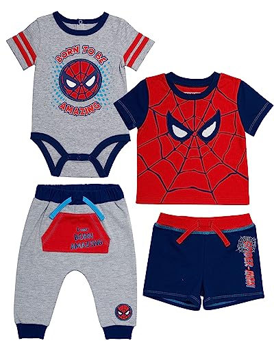 Spiderman Baby Boys 4 Piece Clothing Set - Onesie, Shorts, T-Shirt, and Jogging Pants - Superhero Style for Your Little Hero! (Grey/Black/Red, 9 Months)