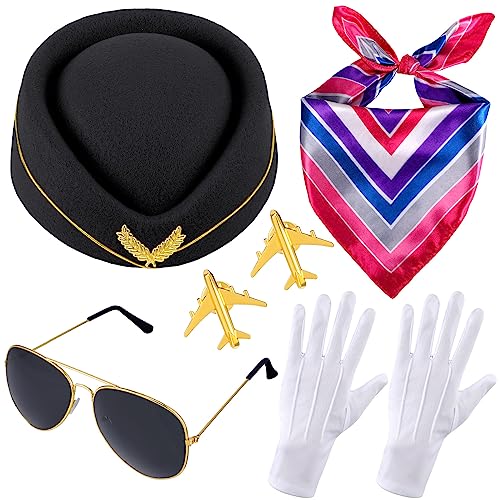 Bencailor 6 Pcs Women's Flight Attendant Costume Accessories Stewardess Outfits Flight Attendant Hat Sunglasses Scarf Gloves (Black)