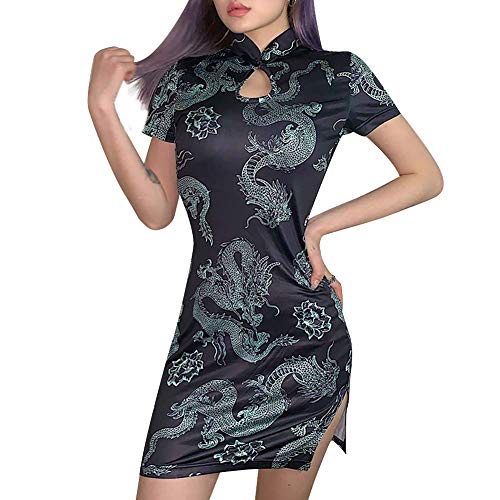 StarDY Women Floral Print White Bodycon Qipao Dress Lace Trim Sleeveless Keyhole High Slit Mini Cheongsam Party Cocktail Dress (Black, l)