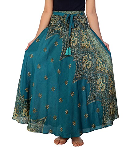Lannaclothesdesign Women's Long Maxi Skirt Bohemian Gypsy Hippie Style Clothing Boho Skirts (US 37 INC L-XL, Teal Peacock Flower)