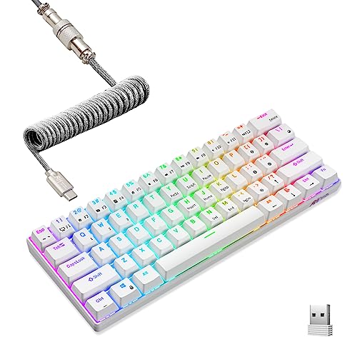 RK ROYAL KLUDGE RK61 60% Mechanical Keyboard with Coiled Cable, 2.4Ghz/Bluetooth/Wired, Wireless Bluetooth Mini Keyboard 61 Keys, RGB Hot Swappable Blue Switch Gaming Keyboard with Software - White