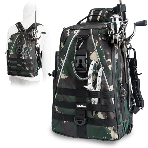 MoiShow Fihing Backpack Tackle Bag, Fishing Tackle Backpack with Rod & Gear Holder Fishing Bag for Fishing Gear and Equipment (16.5 * 11.8 * 5.4in Camo)