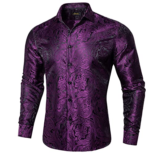 DiBanGu Mens Dress Shirt with Collar Pin Silk Black Purple Paisley Long Sleeve Shirt Casual Button Down Shirts Formal Wedding