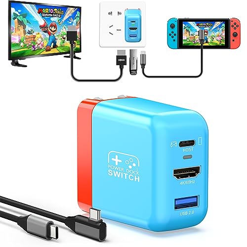 RREAKA Switch Dock Charger, 30W Portable TV Docking Station for Nintendo Switch/OLED with 4K@60Hz HDMI/USB2.0/USB-C 3.1, Charging Port with Full-Featured USB-C Cable (Blue)
