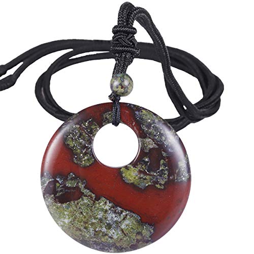 SUNYIK Natural Dragon Bloodstone Lucky Coin Pendant Necklace for Women Men, Healing Crystal Amulet Jewelry for Unisex, Donut Round Shaped, Adjustable 18''-28'' strand
