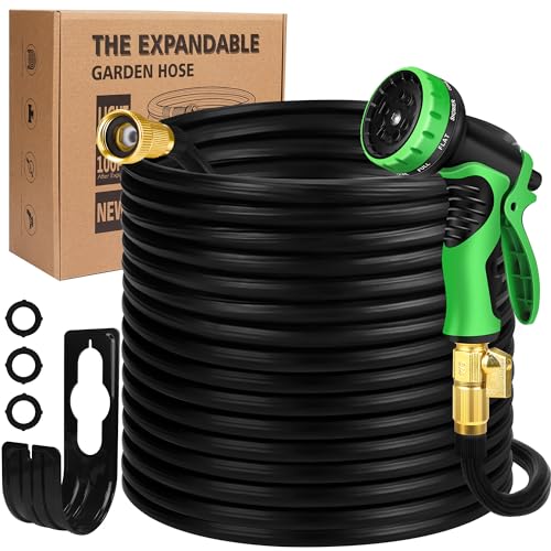 Buheco Expandable Garden Hose 100 ft Water Hose Flexible Pipe-Durable 50 Layers Nano Rubber-3/4’’ Solid Brass Fittings-10 Way Nozzle-No Kink Lightweight Flex Expanding Long Outdoor Collapsible Hoses