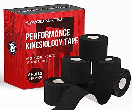 WOD Nation Kinesiology Tape Roll (Bulk 6 Pack) Latex Free, Waterproof Athletic Tape, Tape, Sports Tape, Supports & Stabilizes Knee, Muscles, Joints - 2in x 16.4ft Per Roll, Black