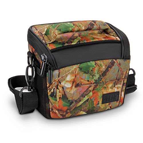 USA GEAR Bridge Camera Bag (Camo Woods) with Protective Neoprene Material, Rain Cover and Adjustable Dividers - Compatible with Nikon Coolpix, Canon PowerShot, Sony CyberShot, Panasonic Lumix and More