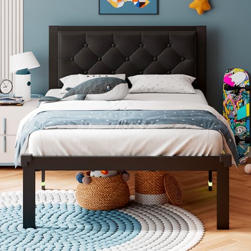 iPormis Twin Size Metal Bed Frame, Faux Leather Platform Bed Frame with Button Tufted Headboard, 12' Underbed Space, Steel Slats Support, Easy Assembly, No Box Spring Needed, Black