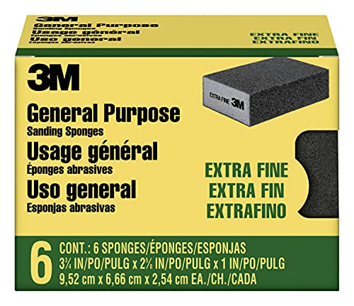 3M Sanding Sponge Block, 6-Pack, Extra Fine Grits, 3-3/4 in x 2-5/8 in, Designed For Sanding Wood, Paint, Metal, Plastic or Drywall, Features 3M Abrasive, Made with Durable Flexible Foam (CP000-6P-CC)