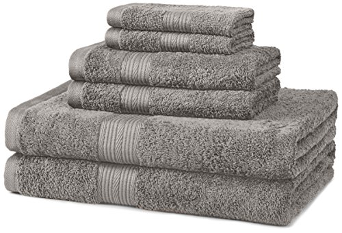Amazon Basics Soft, Highly Absorbent, Premium 6-Piece Fade Resistant Bath Towel, Hand and Washcloth Set - Cotton, Gray, 14.25' L x 10.85' W