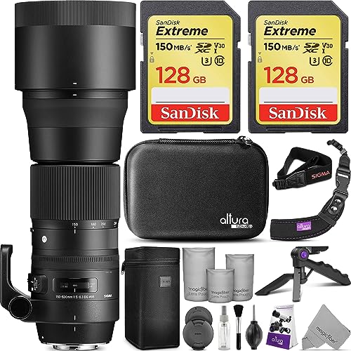 Sigma 150-600mm 5-6.3 Contemporary DG OS HSM Lens for Nikon DSLR Cameras with 2pcs SanDisk 128GB SD Cards & Altura Photo Complete Accessory and Travel Bundle