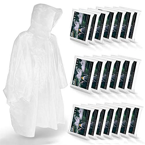 Disposable Rain Ponchos for Adult, Waterproof Plastic and Drawstring Hood, Clear (20 Pack)