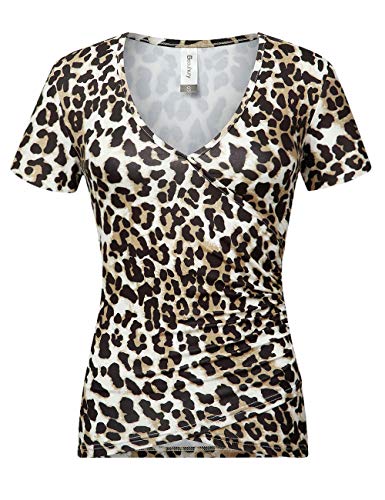 Beauhuty Leopard Sexy Womens Tops Deep V Neck Slim Fitted T-Shirt Short Sleeve Tees Casual Cute Shirts (S, Short-Brown Leopard Print)