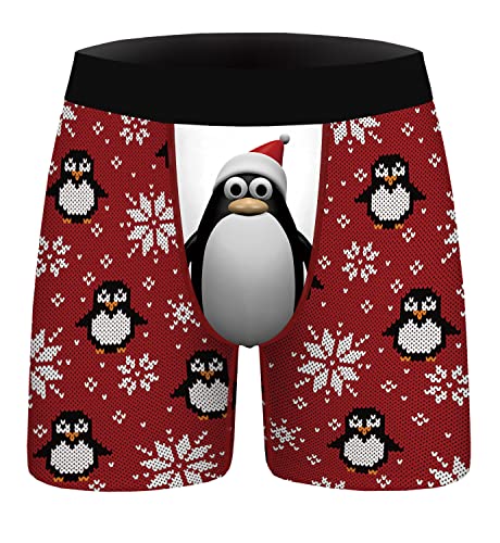 Gag Gifts for Christmas Mens Novelty Boxer Briefs Christmas Boxer for Men Hilarious Gags Present Ugly Xmas Underwear Man Funny Shorts Trunks Printed Underpants Moisture Wicking,Red Penguin Snowflake