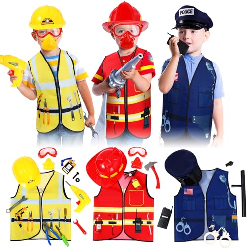 Bonuci 3 Sets Kids Role Play Clothes for Kids Age 3-7 Years Old, Dress up Costumes Vest Set Police, Fireman and Worker for Toddler Kids Boys Pretend Role Accessories