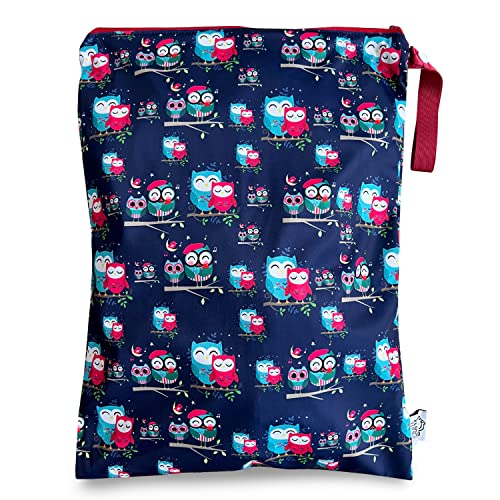 FLOCK THREE Washable and Reusable Wet Bag Diaper Bag Water Resistant Swimming Bag Pouch, Yoga Gym Bag, 12.6'' x 16.5'' (Happy Owls)