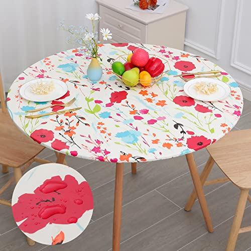 misaya Round Fitted Tablecloth with Elastic Edge, 100% Waterproof Oil Proof Plastic Table Cover, Vinyl Flannel Backed Table Cloth Fits 36'-44' Round Tables for Dinner, Outdoor, Picnic, Flowers