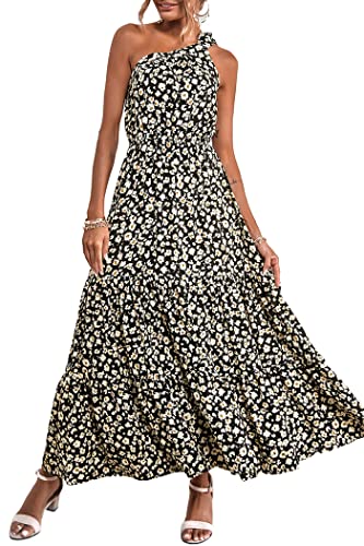 PRETTYGARDEN Women's Floral Maxi Dress 2024 Knot One Shoulder Sleeveless Ruffle Hem Flowy Boho Dresses(Black,X-Large)