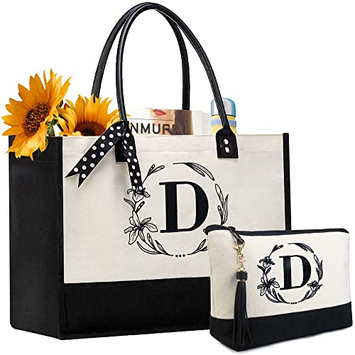 BeeGreen Personalized Gift for Women Mother Friends Initial Monogram Tote Bag, Birthday Gift Bag with Leather Handles & Inner Zipper Pocket Letter D