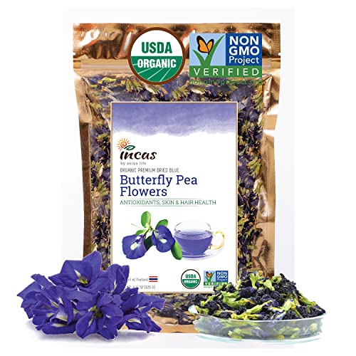 INCAS 100% USDA Organic Butterfly Pea Flower 4.41 oz (375+ Cups) DIRECT FROM SOURCE Thailand Non GMO Verified Dried Caffeine Free Gluten Free Vegan Rich in Antioxidants Free eBook