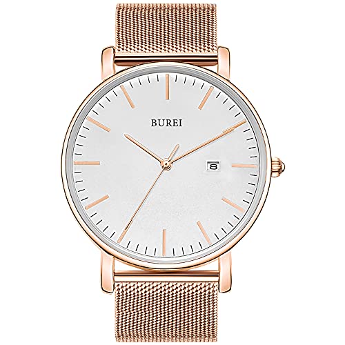 BUREI Men's Fashion Minimalist Wrist Watch Analog White Date with Rose Gold Stainless Steel Mesh Band (White Rose Gold)