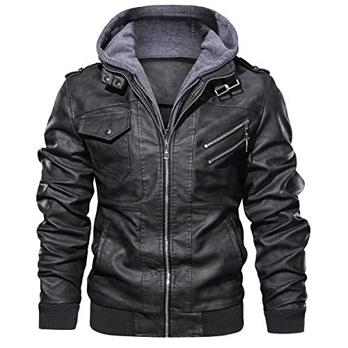 JYG Men's Faux Leather Jacket Stand Collar Motorcycle Bomber Jackets with Removable Hood (Black,M)