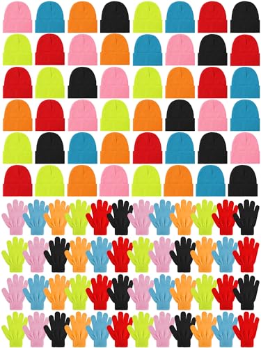 48 Set Kids Winter Beanie and 48 Set Gloves Set Knit Hat Bulk Warm Gloves Cap for Boys Girls Homeless Gift(Mixed Color)