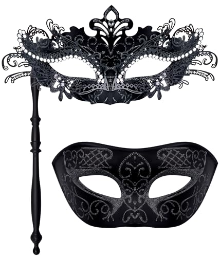 SIQUK Couple Masquerade Masks with Stick Metal Venetian Mask on a Stick Halloween Costume Mask Mardi Gras Mask Masquerade Party Mask for Couples Women and Men, Phoenix Tail Black