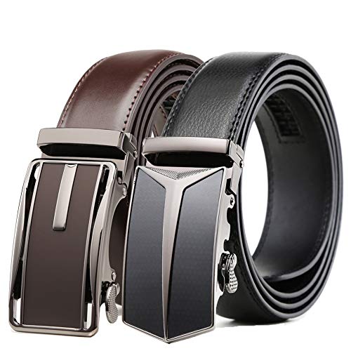 Founders & C Mens Belt 2 Pack,Leather Ratchet Click Belt Dress with Slide Buckle 1 3/8' in Gift Set Box- Size Adjustable (Ratchet Belt Black/Dark Brown, 28'-42' Waist Adjustable)