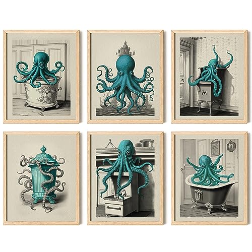 97 Decor Vintage Octopus Decor - Octopus Bathroom Decor, Nautical Octopus Wall Art, Octopus Posters, Sea Monster Artwork Pictures for Home Decoration (8x10 UNFRAMED)