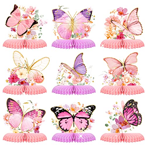 AOBKIAT Butterfly Girls Birthday Party Decorations,9-Pieces Glitter Honeycomb Centerpieces for Tables for Baby Shower,Wedding,Butterfly Themed Table Toppers,Spring Summer Garden Party